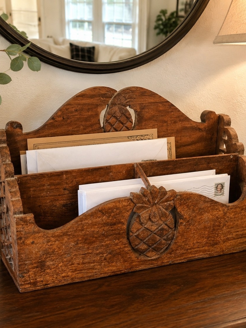 Rustic Pineapple Carved Wooden Mail Organizer - Brown